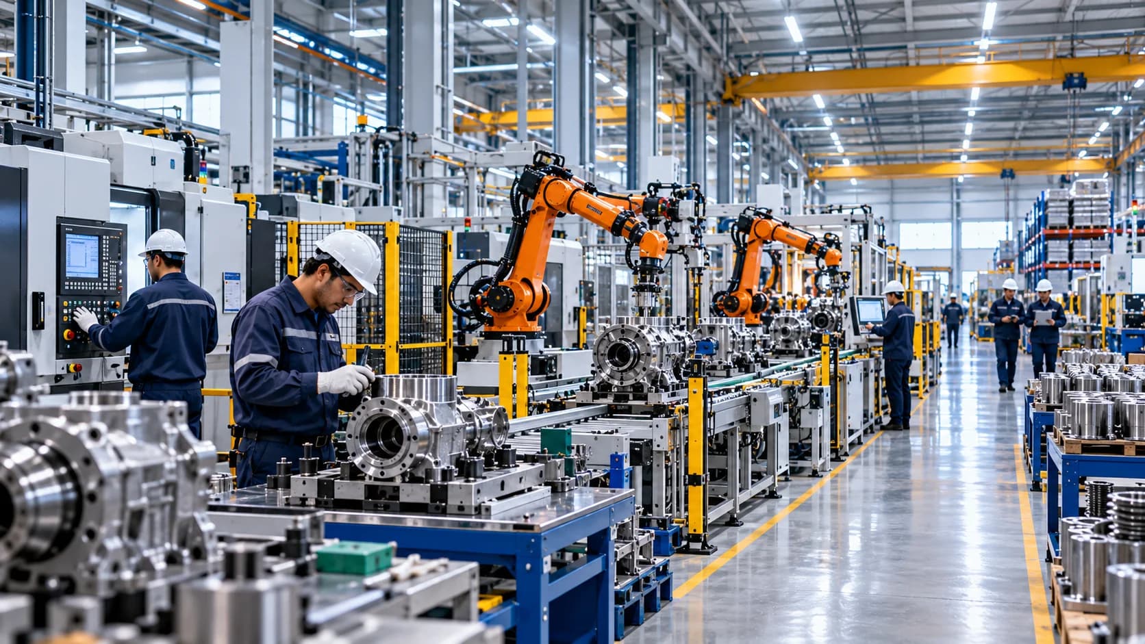 Modern manufacturing facility with production machinery, automated equipment, material handling systems, and professional quality inspection activities.
