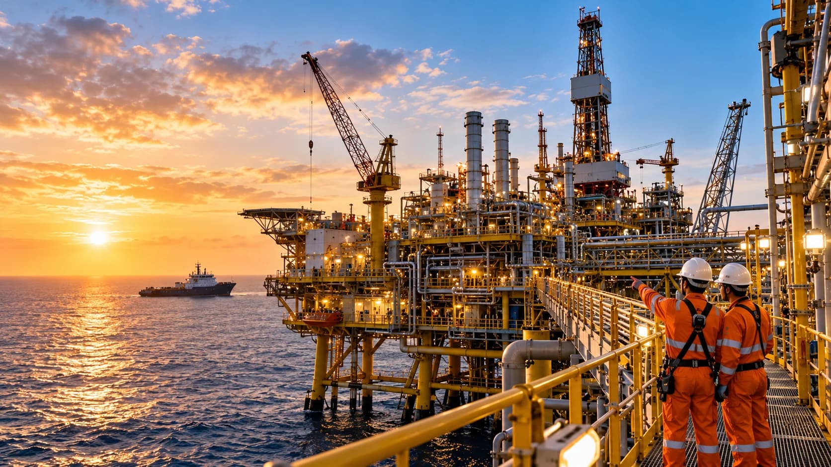 Modern oil and gas facility with processing equipment, storage infrastructure, pipelines, and professional operations personnel.