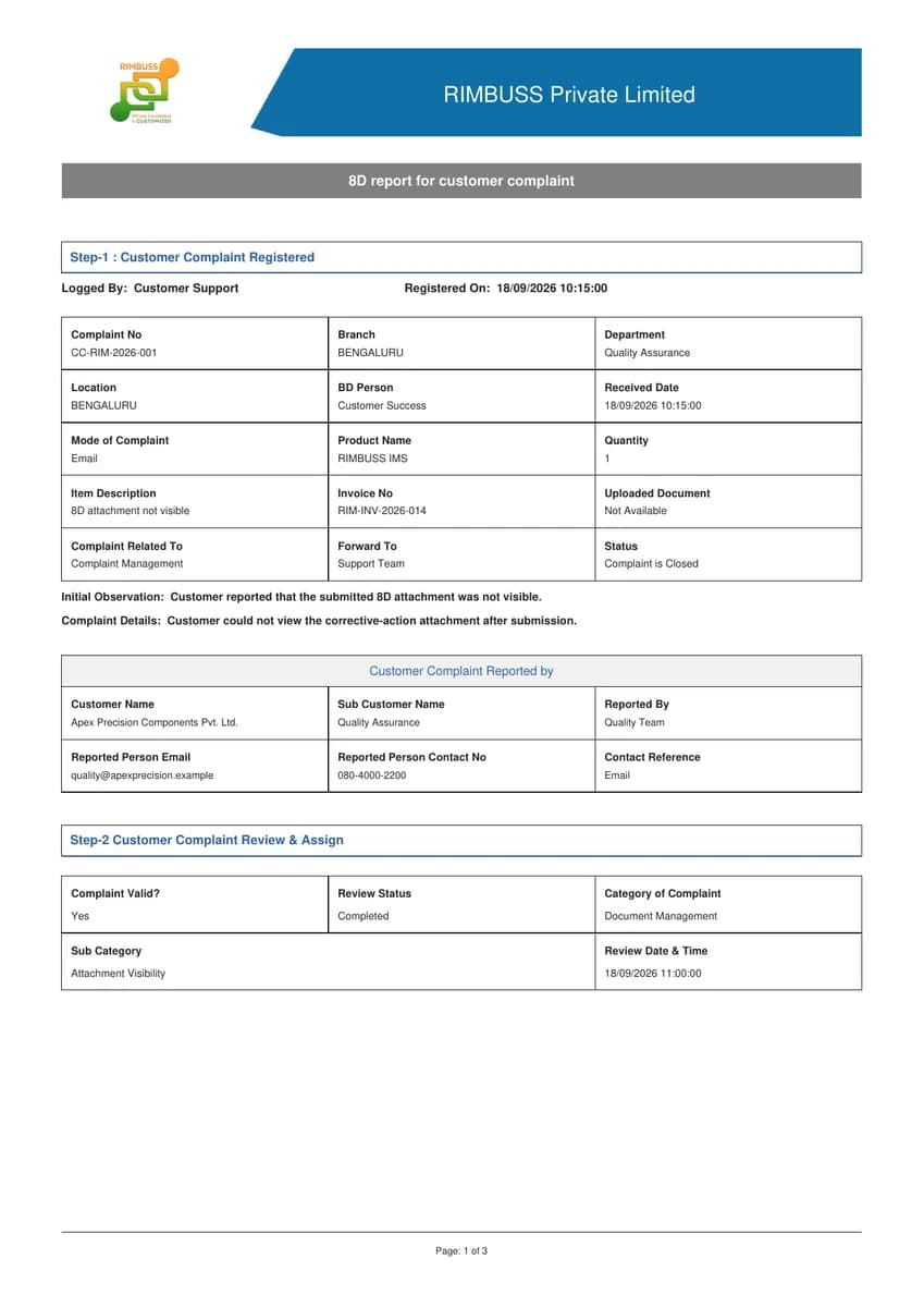 Customer Complaint Report - 8D report preview