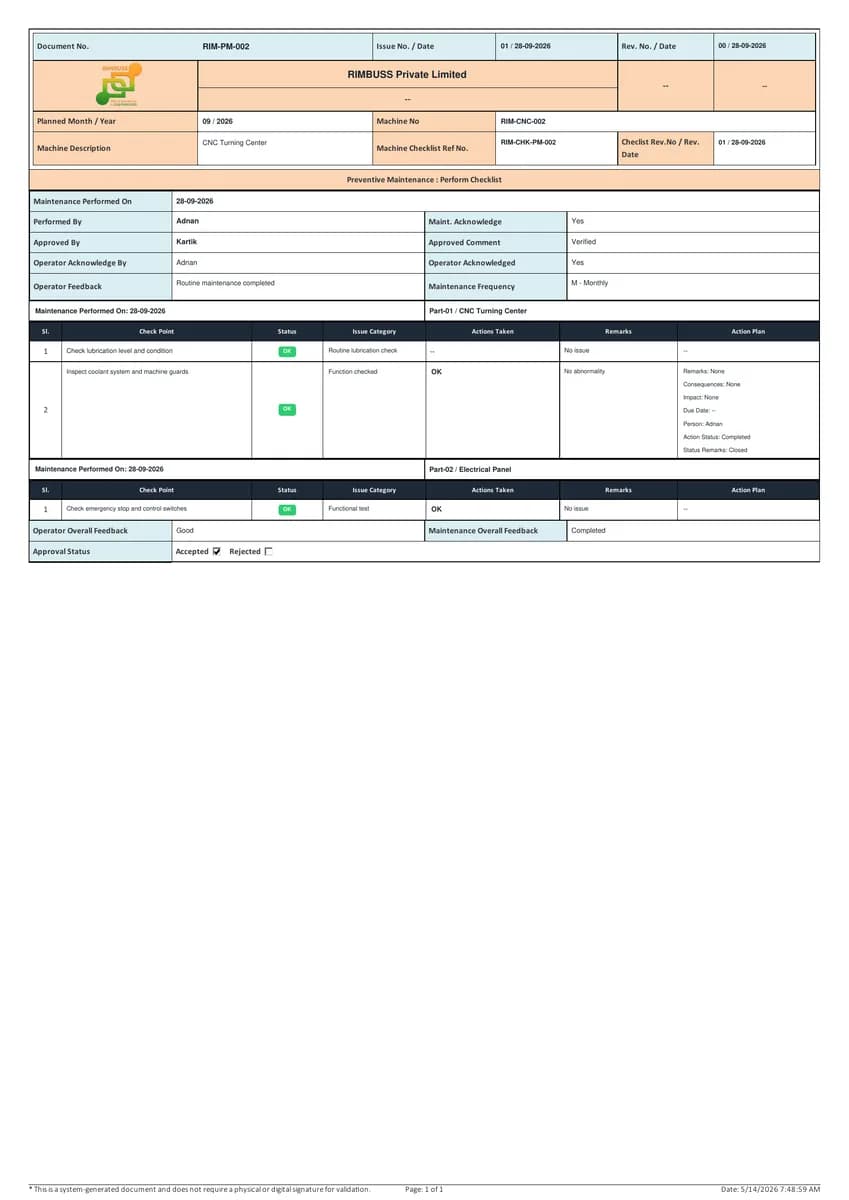 Monthly Preventive Maintenance report preview