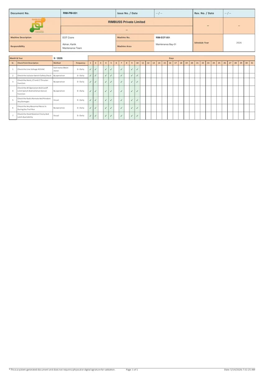 Perform PM - Daily Report report preview