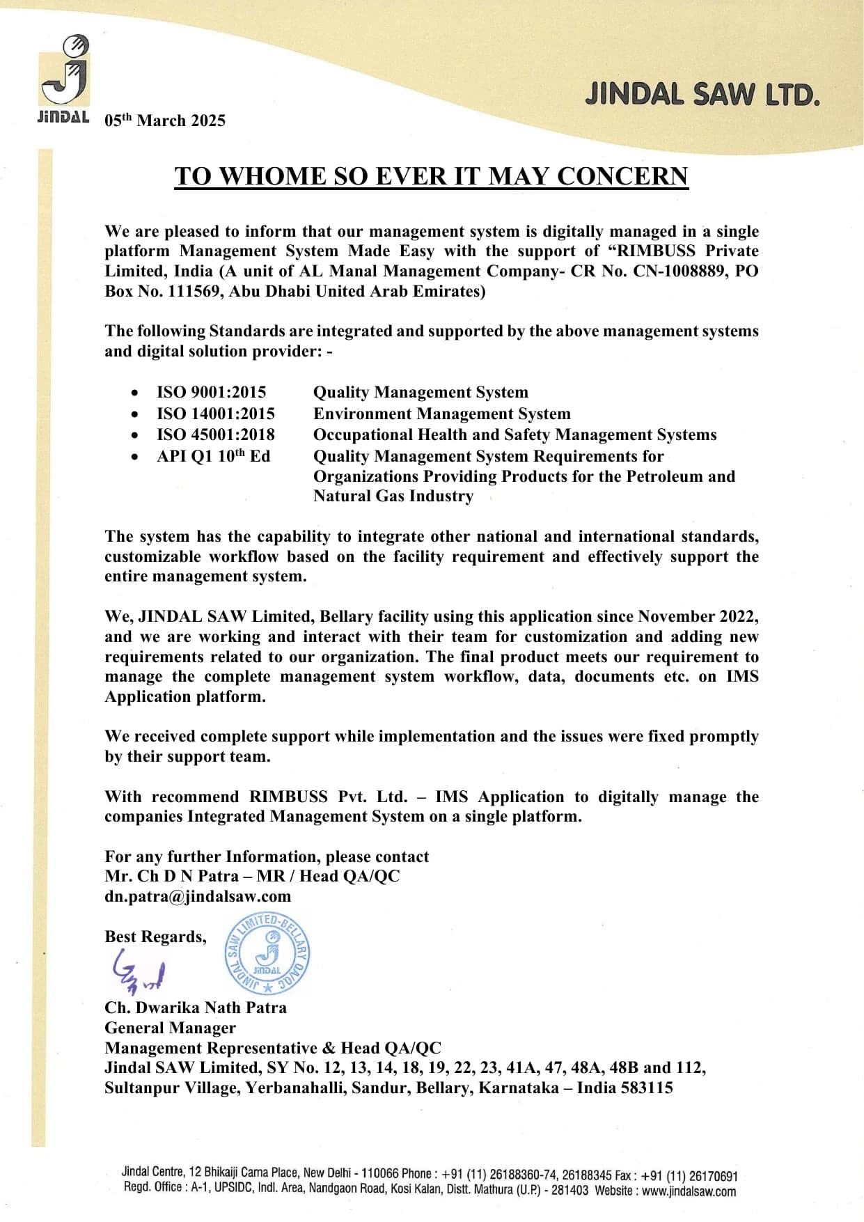 Jindal Saw Ltd. PDF testimonial preview