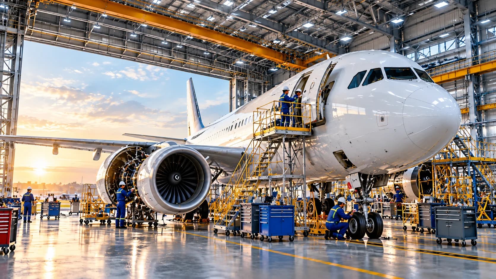 Modern aerospace manufacturing facility with aircraft production and quality inspection activities.