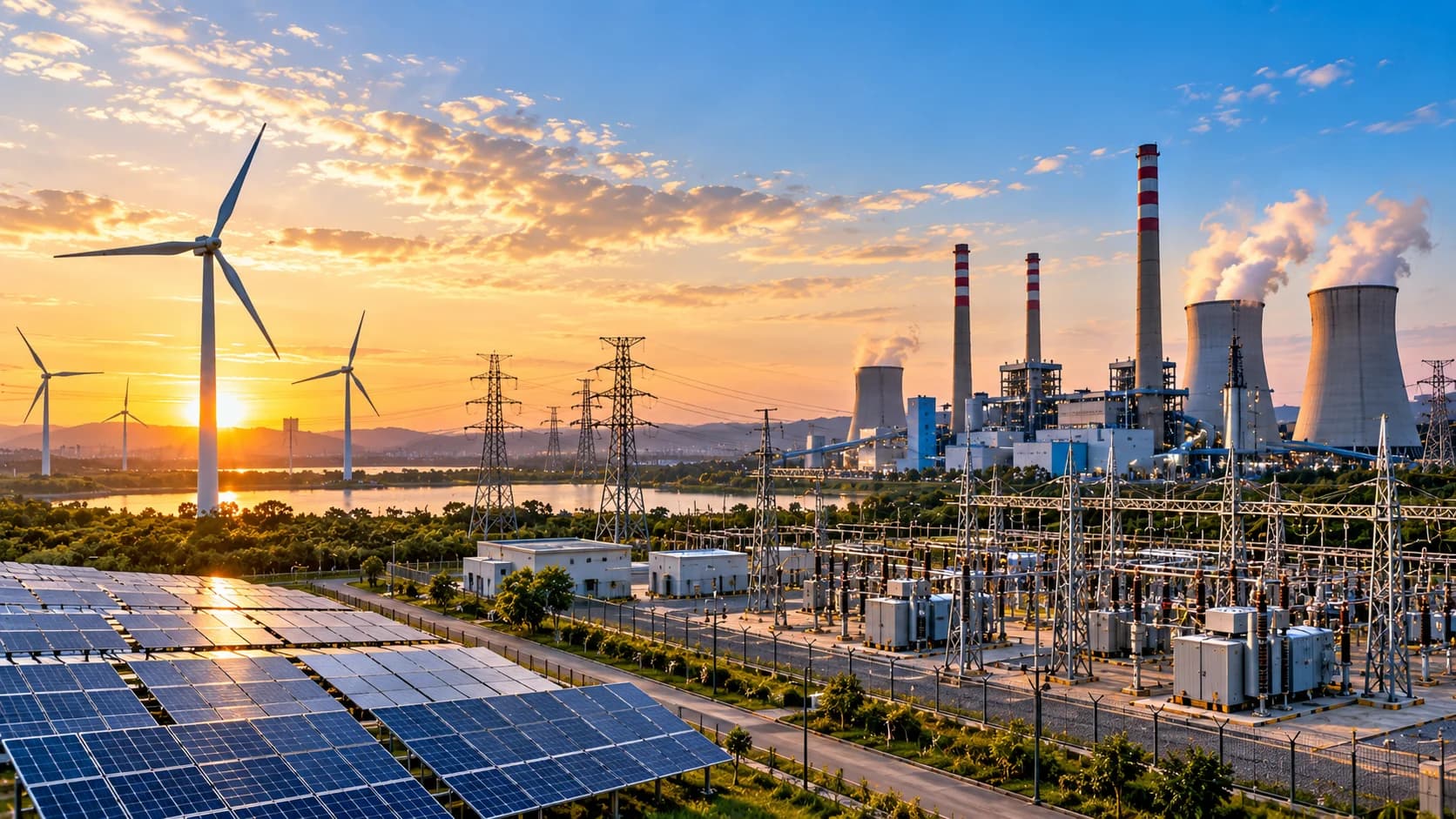 Modern energy and utilities infrastructure with electrical networks, utility equipment, control systems, and professional field operations.