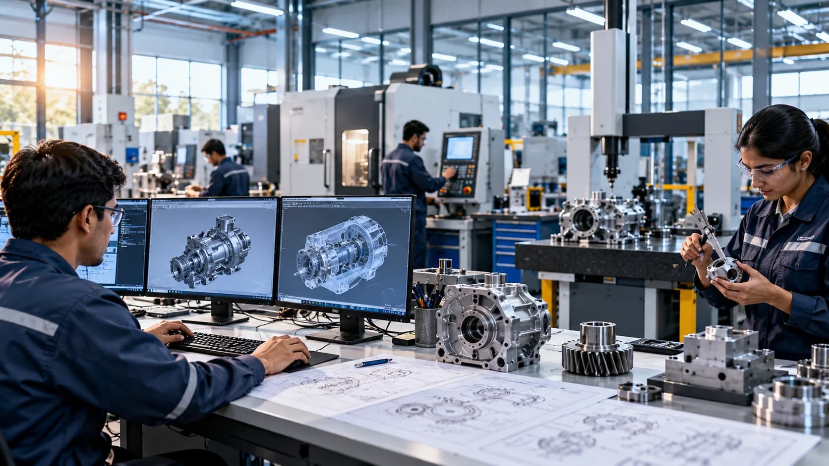 Modern engineering workplace with professionals reviewing technical designs, engineering drawings, digital models, and project documentation.