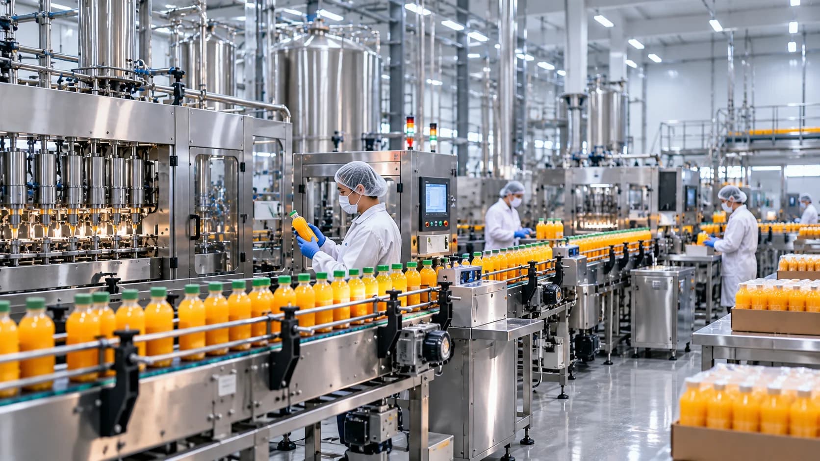 Modern food and beverage production facility with automated processing equipment, hygienic production areas, and quality inspection activities.