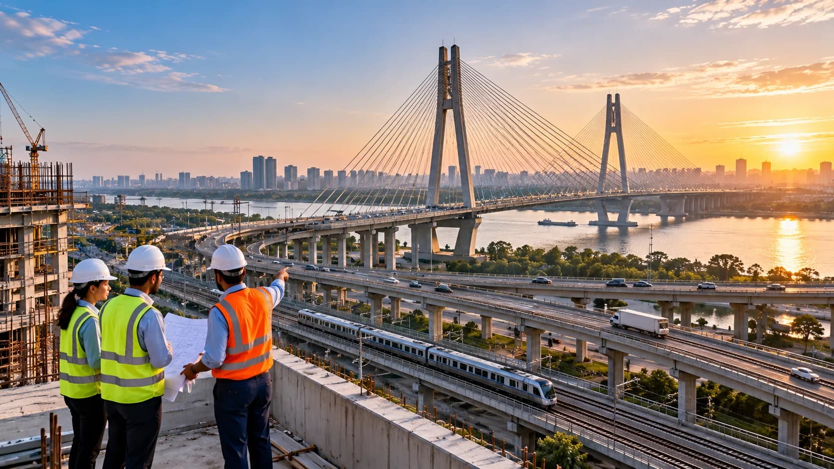 Large-scale infrastructure project with modern transport structures, construction activity, engineering equipment, and professional site teams.
