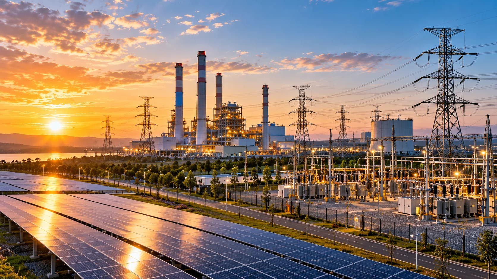 Modern power and energy facility with generation equipment, electrical infrastructure, control systems, and professional plant operations personnel.
